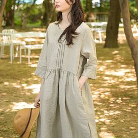 [Natural Garden] MADE N Pintuck Round Shirring Linen Dress_High-quality materials, linen materials, signature products _ Made in KOREA